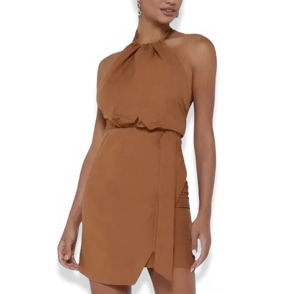 Bardot Mini Dress Linen Blend Goddess Halter Backless Zip Back Brown Medium NWT - Picture 1 of 10